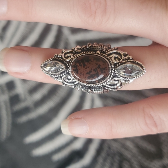 New Mahogany Obsidian & White Topaz 925 Silver Carved Elephant Statement Ring. - Picture 8 of 12
